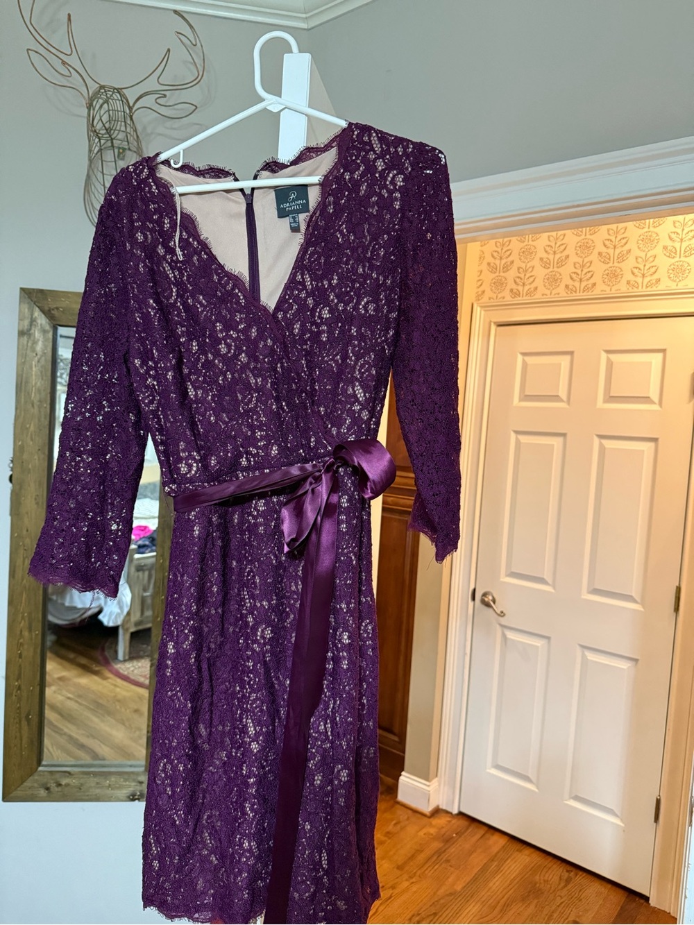 Adrianna Papell Plum Lace Wrap Dress with Satin Tie